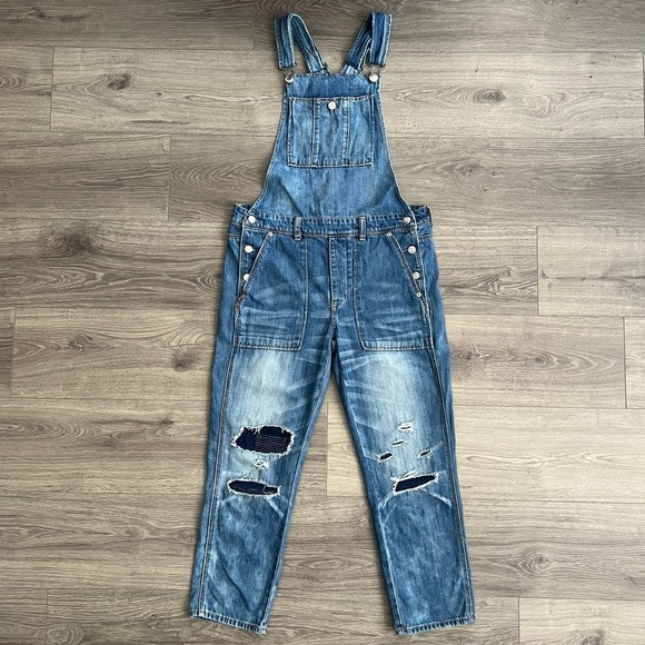 American Eagle Denim Overalls Blue Destroyed Wash Patchwork Women Small Relaxed - Picture 2 of 13
